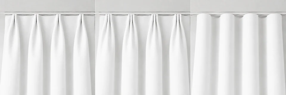 Two Pinch Pleat in Porcelain Solid Cotton. Two folds pinched together at the very top edge, with no unpinched band above the pinch.