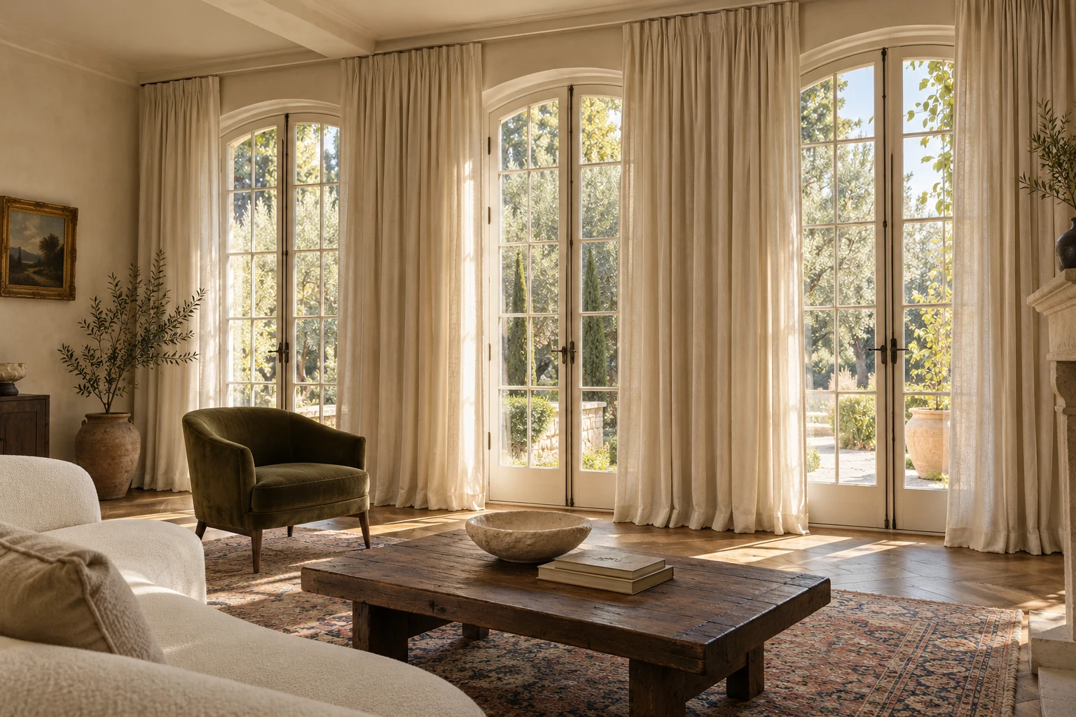 An imagined sunlit living room with full-length ivory drapery, tall French windows, and a collected mix of oak and olive upholstery