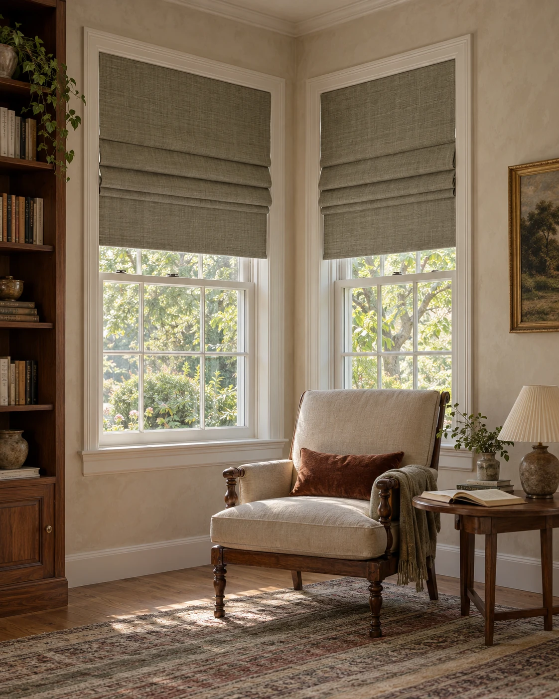 An imagined reading room with tailored linen Roman shades and soft natural light