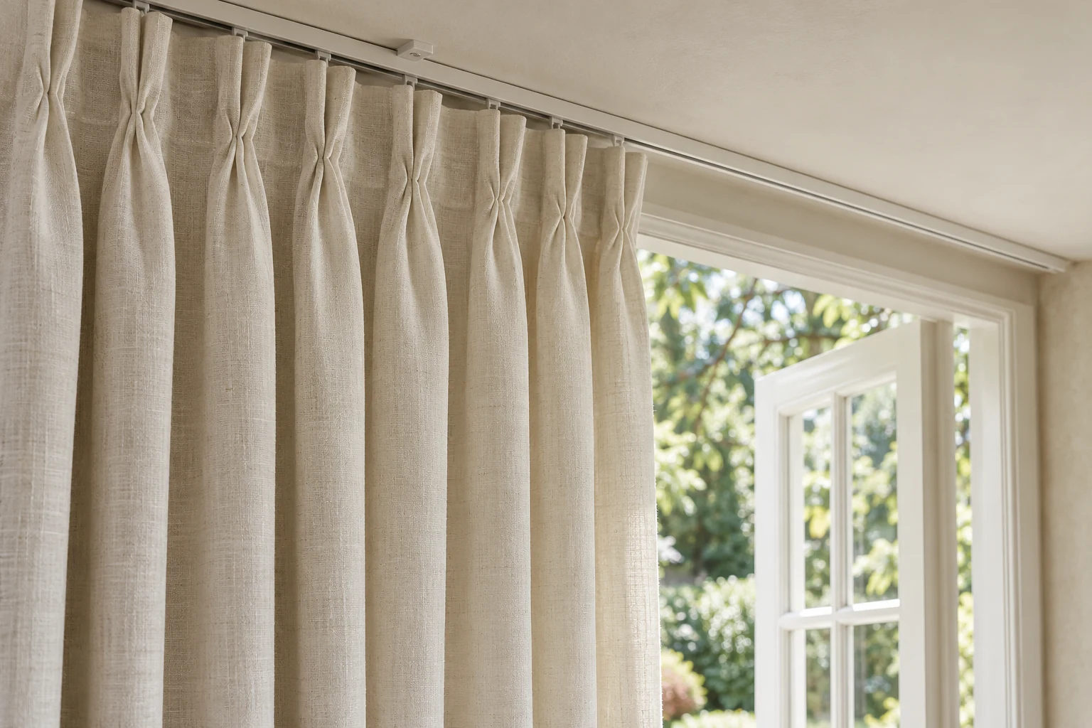 An imagined close view of naturally textured linen drapery in warm side light